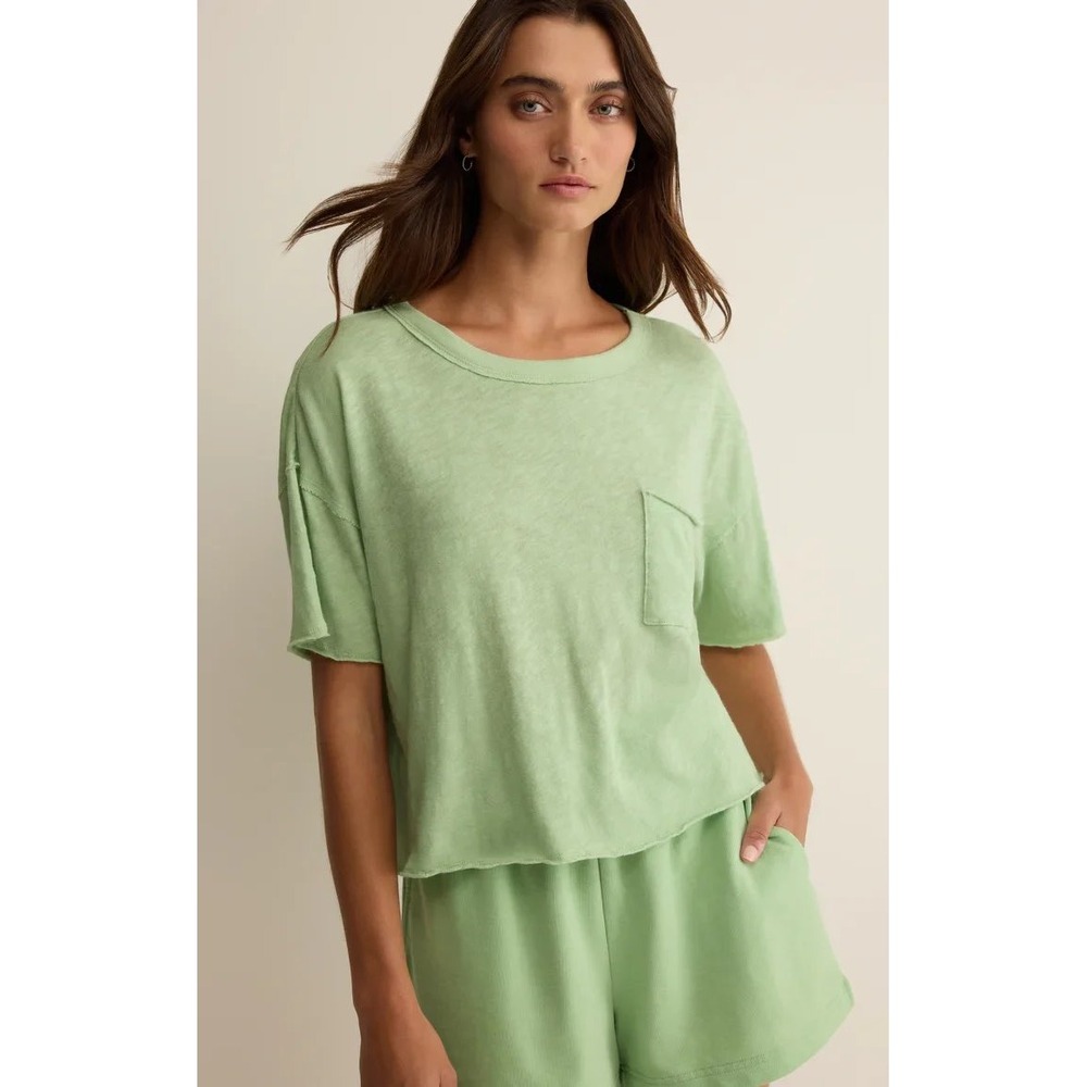Pilcro Anthropologie Green Slub Knit Pocket Tee Boxy Raw Edge Short Sleeve S